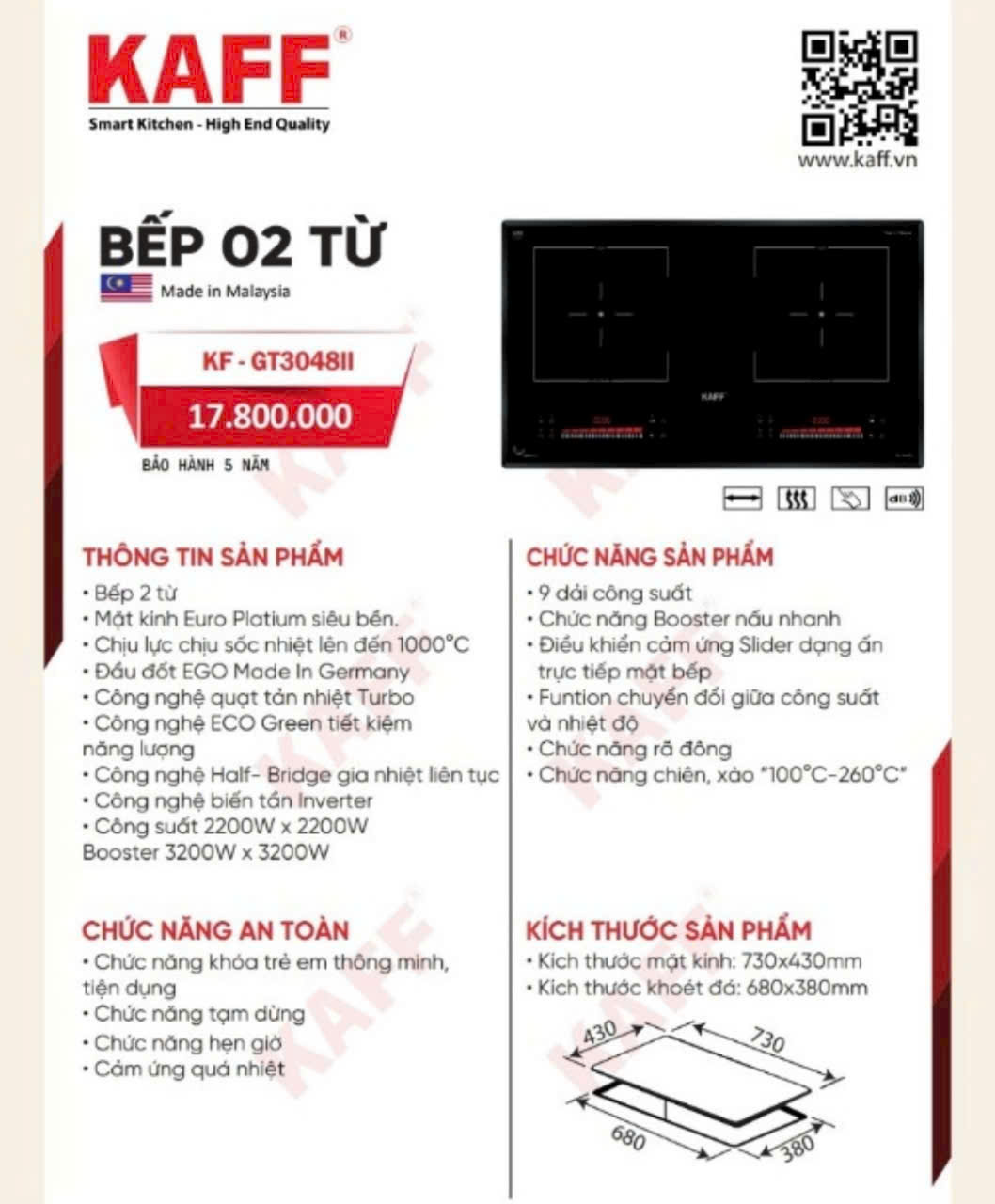 Bếp Từ Đôi KAFF KF-GT3048II - Chính hãng KAFF nhập Malaysia cao cấp - Bảo hành 5 năm tại nhà