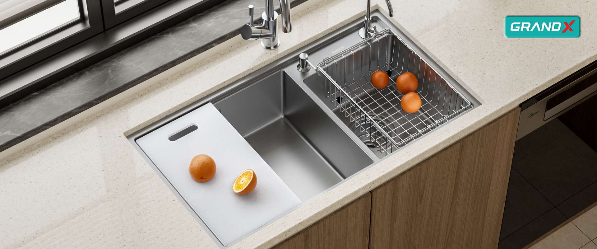 Chậu rửa bát 2 hố GrandX GX8648DS SMOOTH Handmade tinh xảo